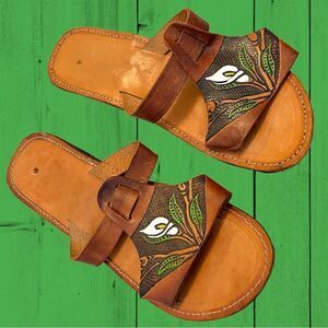 Vintage bohemian tooled leather painted sandals
